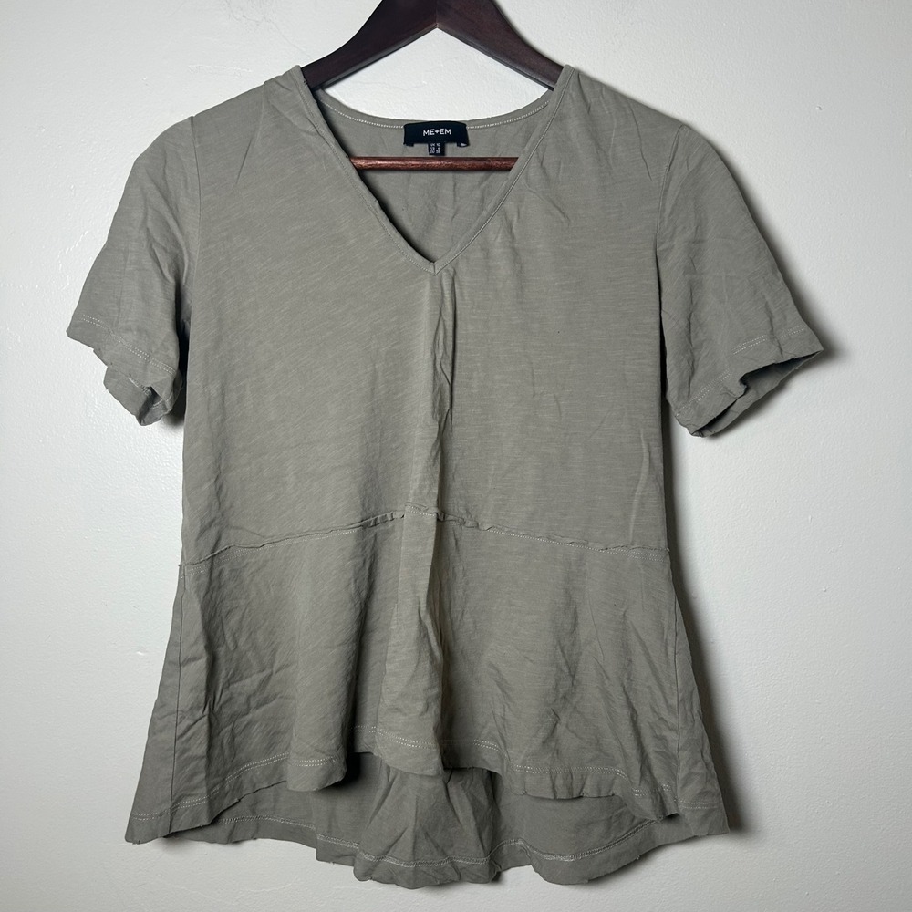 ME+EM Khaki V Neck Short Sleeve Peplum Tunic Top Women US 6